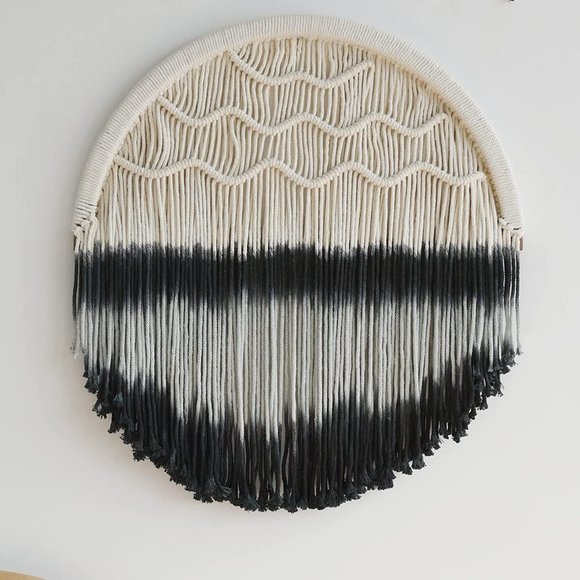 Free People Other - Boho Black Ombré Cream Macrame Circle Hippie Indie Tie-Dye Dipped Home Decor